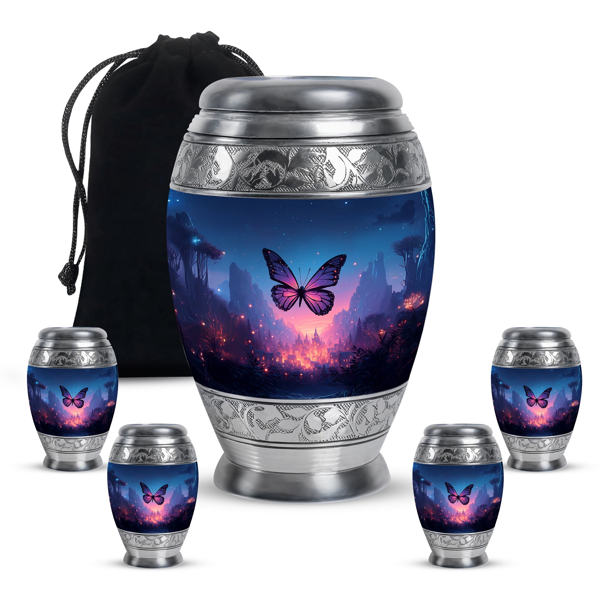 Sky Blue Butterfly Cremation Urn detail view - ornate monarch-style butterfly relief on brushed aluminum - memorial set with one large and four small urns