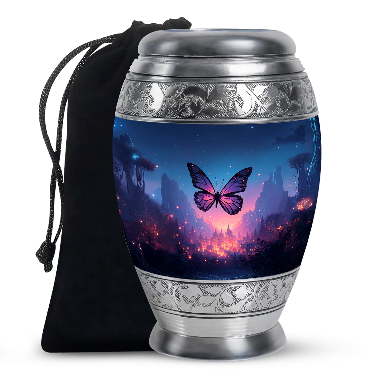 Steel Blue Butterfly Cremation Urn back view with polished surface - royal butterfly engraving with decorative scrollwork - full-size 10 inch 200 cubic inch adult cremation urn