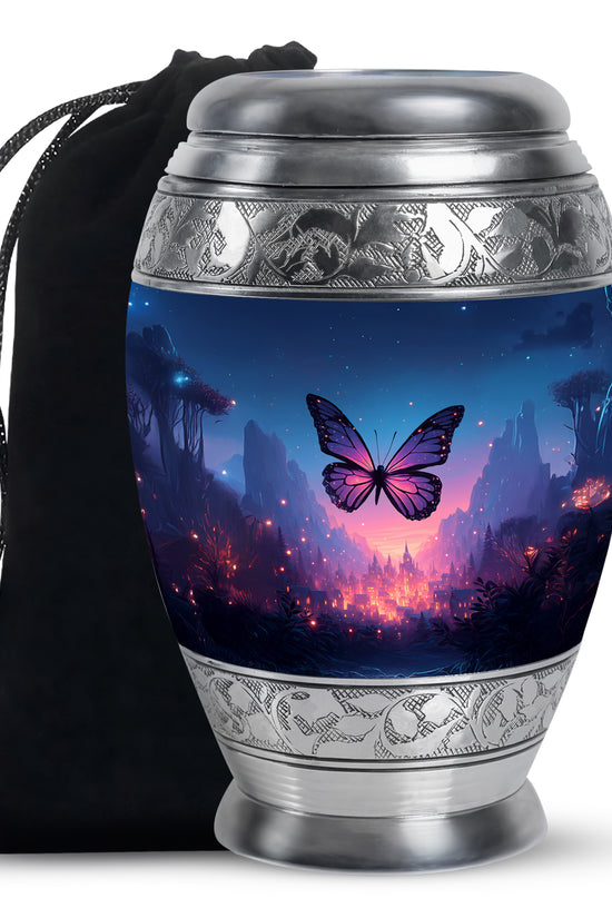 Steel Blue Butterfly Cremation Urn back view with polished surface - royal butterfly engraving with decorative scrollwork - full-size 10 inch 200 cubic inch adult cremation urn