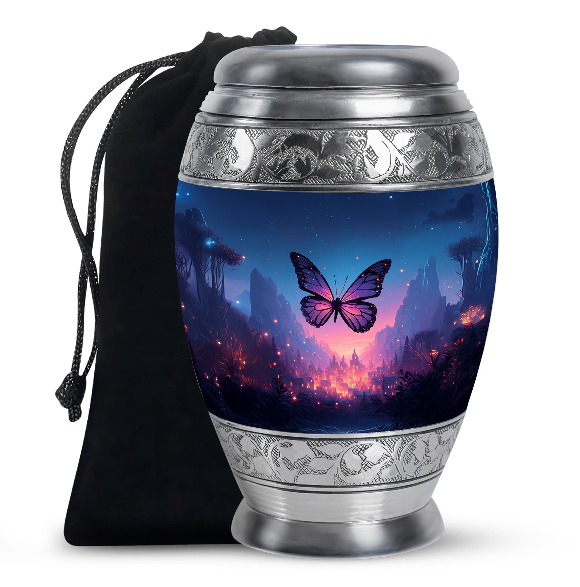 Steel Blue Butterfly Cremation Urn back view with polished surface - royal butterfly engraving with decorative scrollwork - full-size 10 inch 200 cubic inch adult cremation urn