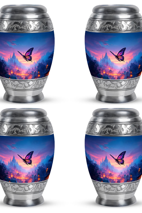 Pastel Blue Butterfly Cremation Urn urn with complimentary velvet bag - regal butterfly design with crown-inspired accents - 10 inch aluminum urn for cremated remains