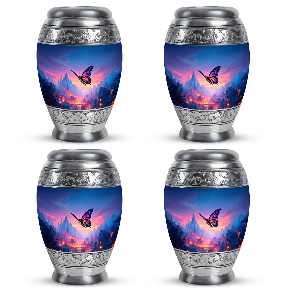 Pastel Blue Butterfly Cremation Urn urn with complimentary velvet bag - regal butterfly design with crown-inspired accents - 10 inch aluminum urn for cremated remains