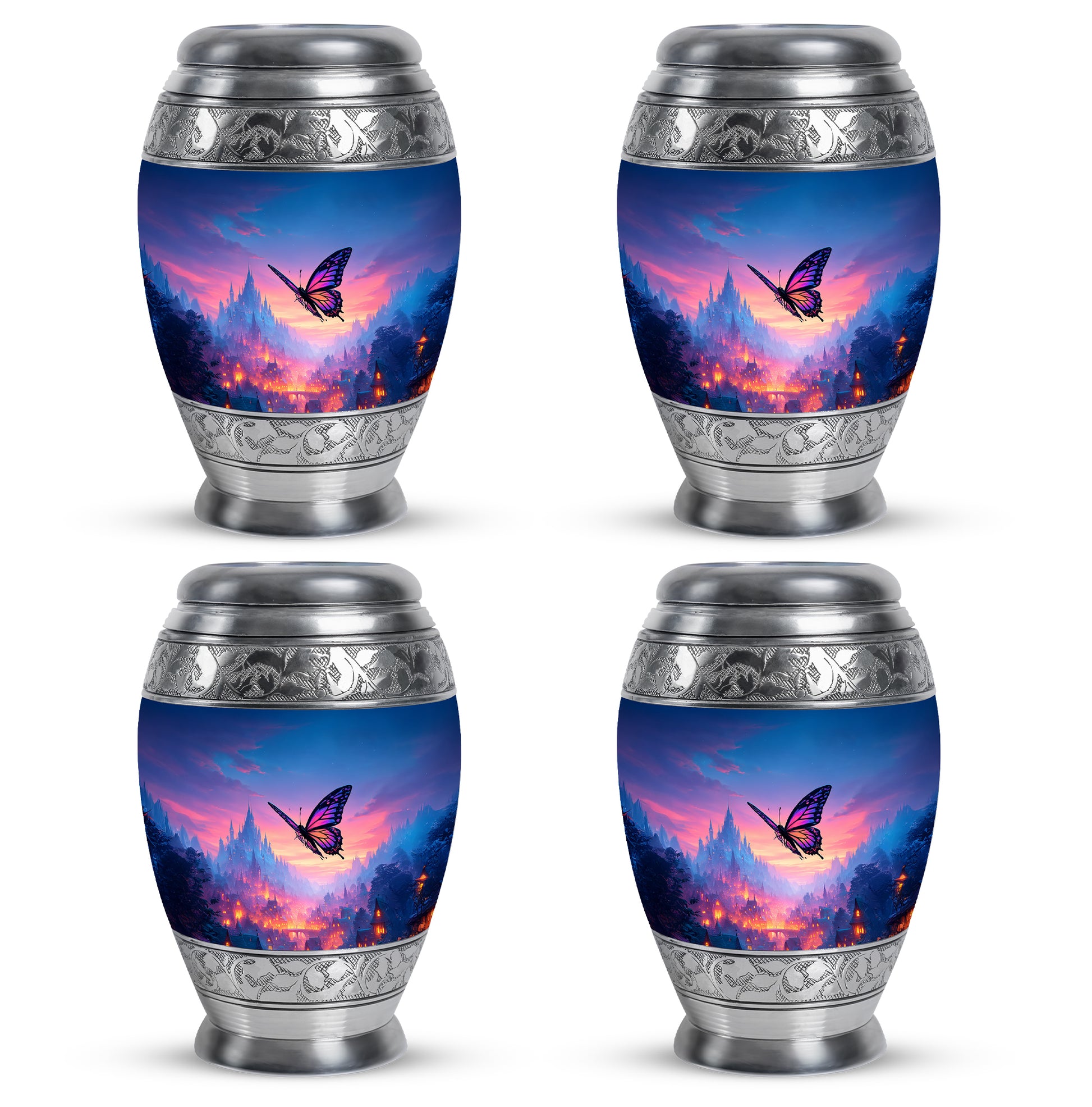 Pastel Blue Butterfly Cremation Urn urn with complimentary velvet bag - regal butterfly design with crown-inspired accents - 10 inch aluminum urn for cremated remains