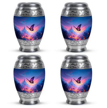 Pastel Blue Butterfly Cremation Urn urn with complimentary velvet bag - regal butterfly design with crown-inspired accents - 10 inch aluminum urn for cremated remains