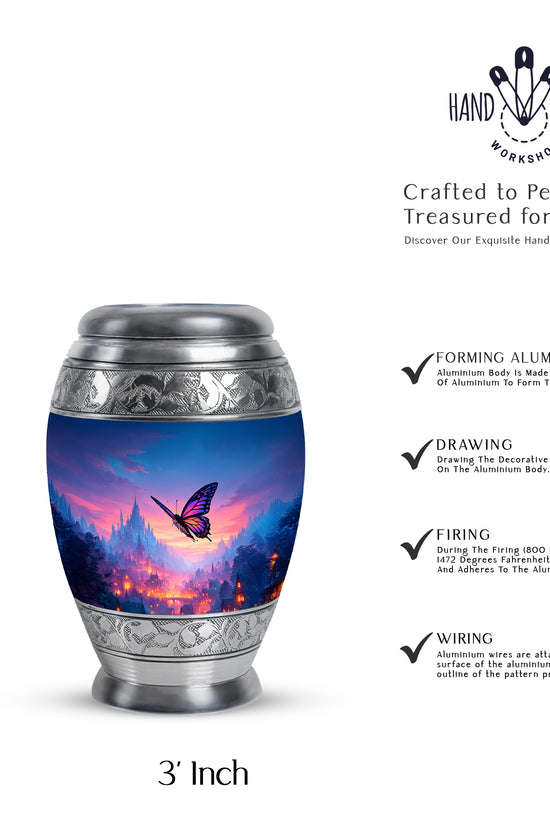 Calming Blue Butterfly Cremation Urn lifestyle display on memorial shelf - majestic butterfly pattern with filigree border - mini keepsake memorial for portion of cremation ashes