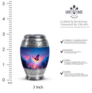 Calming Blue Butterfly Cremation Urn lifestyle display on memorial shelf - majestic butterfly pattern with filigree border - mini keepsake memorial for portion of cremation ashes