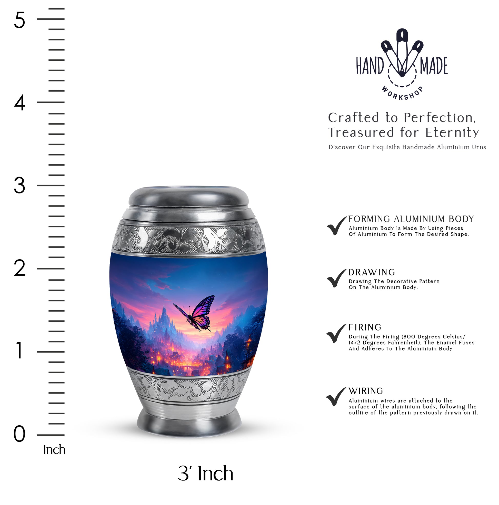 Calming Blue Butterfly Cremation Urn lifestyle display on memorial shelf - majestic butterfly pattern with filigree border - mini keepsake memorial for portion of cremation ashes