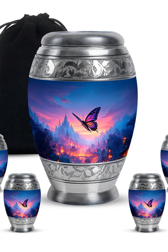 Pastel Blue Butterfly Cremation Urn detail view - regal butterfly design with crown-inspired accents - memorial set with one large and four small urns
