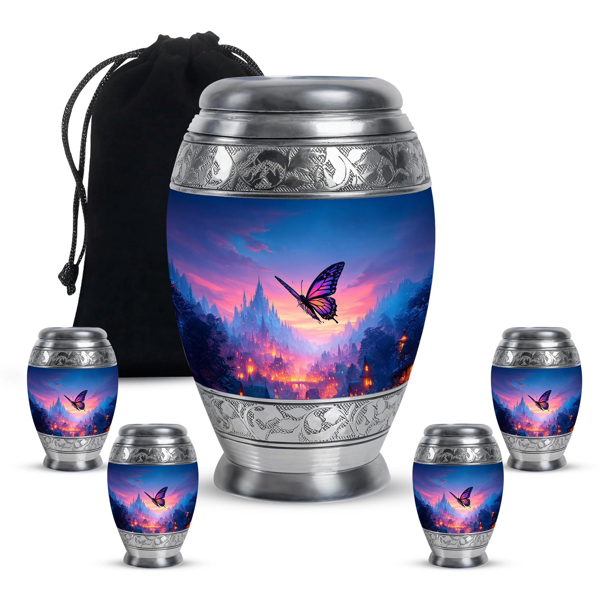 Pastel Blue Butterfly Cremation Urn detail view - regal butterfly design with crown-inspired accents - memorial set with one large and four small urns