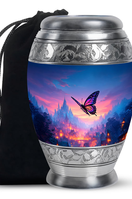 Steel Blue Butterfly Cremation Urn back view with polished surface - majestic butterfly pattern with filigree border - full-size 10 inch 200 cubic inch adult cremation urn