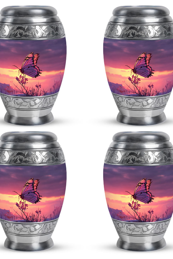 Azure Butterfly Cremation Urn urn with complimentary velvet bag - ornate monarch-style butterfly relief on brushed aluminum - 10 inch aluminum urn for cremated remains
