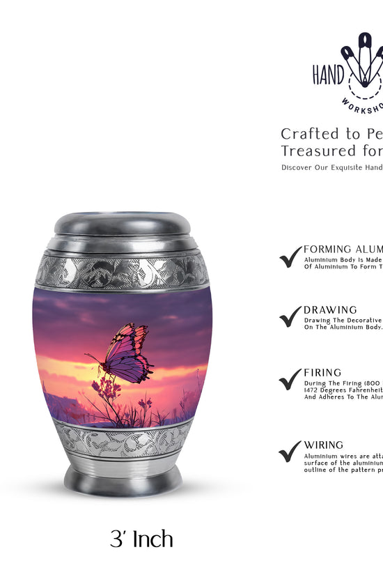 Pastel Blue Butterfly Cremation Urn lifestyle display on memorial shelf - ornate monarch-style butterfly relief on brushed aluminum - mini keepsake memorial for portion of cremation ashes