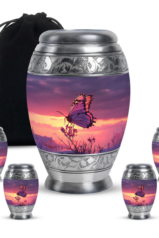 Calming Blue Butterfly Cremation Urn detail view - royal butterfly engraving with decorative scrollwork - memorial set with one large and four small urns