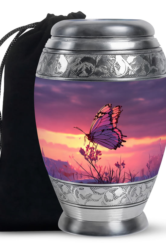 Vivid Blue Butterfly Cremation Urn back view with polished surface - royal butterfly engraving with decorative scrollwork - full-size 10 inch 200 cubic inch adult cremation urn