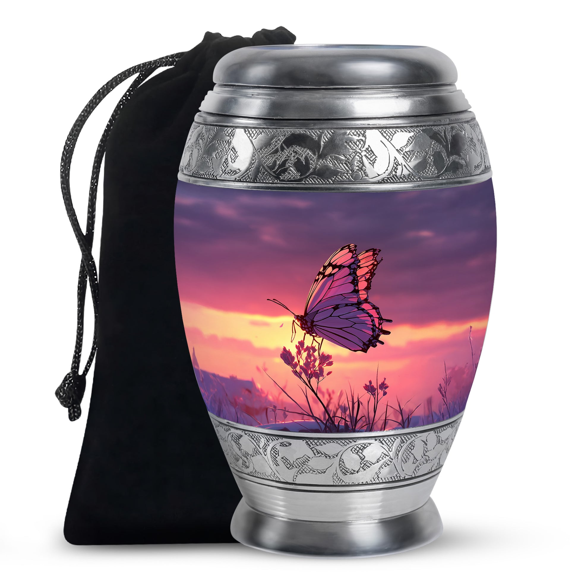 Vivid Blue Butterfly Cremation Urn back view with polished surface - royal butterfly engraving with decorative scrollwork - full-size 10 inch 200 cubic inch adult cremation urn
