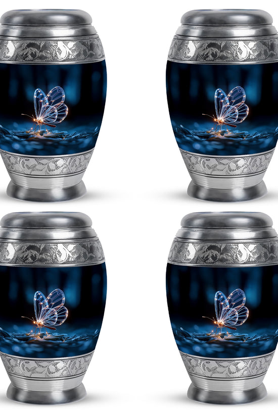 Onyx Black Butterfly Cremation Urn urn with complimentary velvet bag - royal butterfly engraving with decorative scrollwork - 10 inch aluminum urn for cremated remains