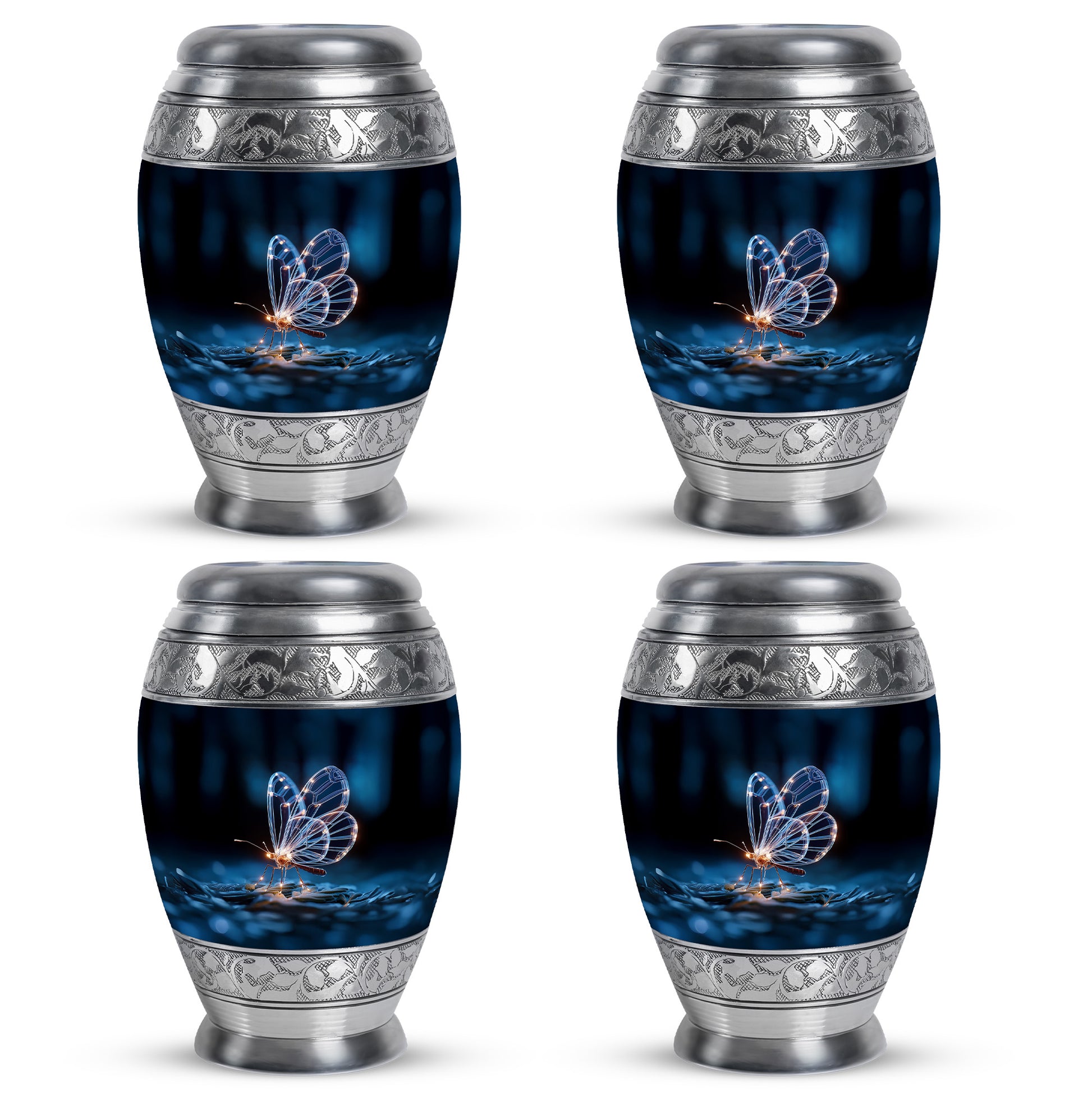 Onyx Black Butterfly Cremation Urn urn with complimentary velvet bag - royal butterfly engraving with decorative scrollwork - 10 inch aluminum urn for cremated remains