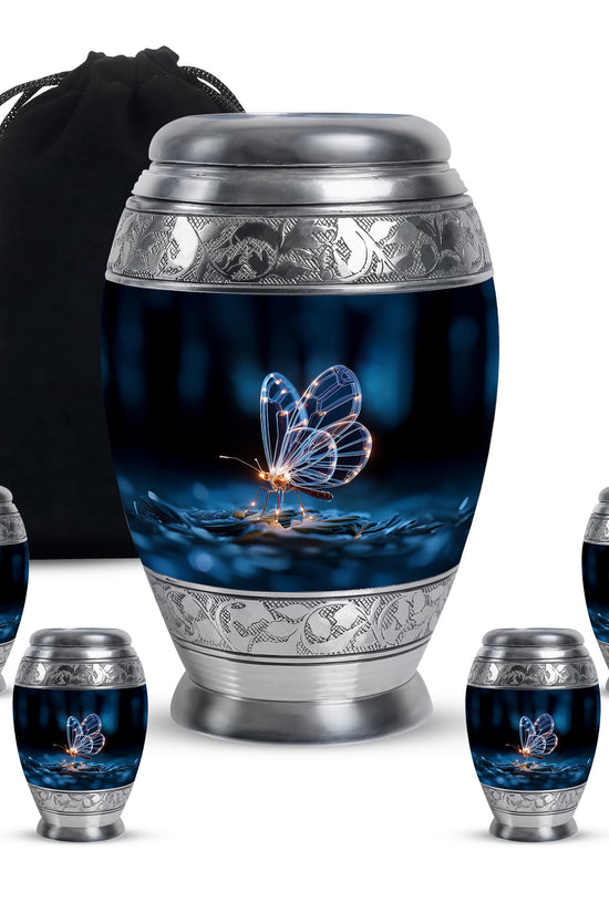 Rich Black Butterfly Cremation Urn detail view - regal butterfly design with crown-inspired accents - memorial set with one large and four small urns