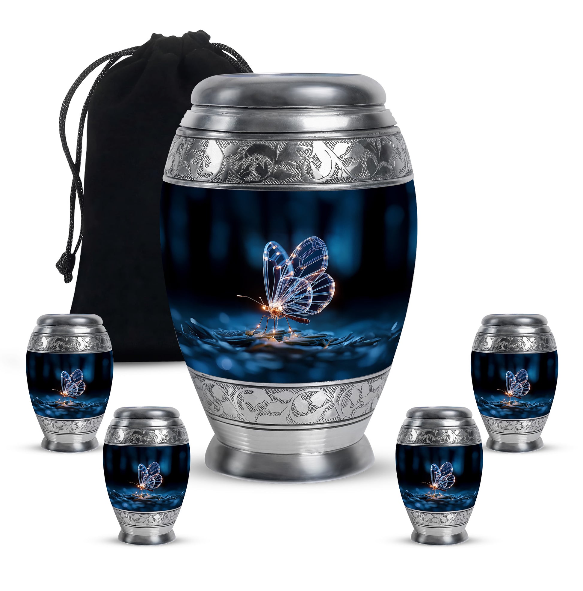 Rich Black Butterfly Cremation Urn detail view - regal butterfly design with crown-inspired accents - memorial set with one large and four small urns