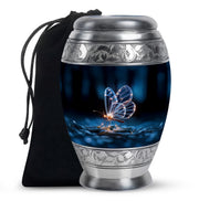 Dark Black Butterfly Cremation Urn back view with polished surface - majestic butterfly pattern with filigree border - full-size 10 inch 200 cubic inch adult cremation urn