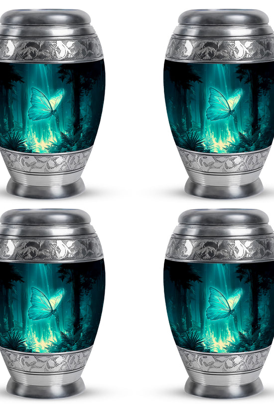 Mystic Teal Butterfly Cremation Urn urn with complimentary velvet bag - majestic butterfly pattern with filigree border - 10 inch aluminum urn for cremated remains