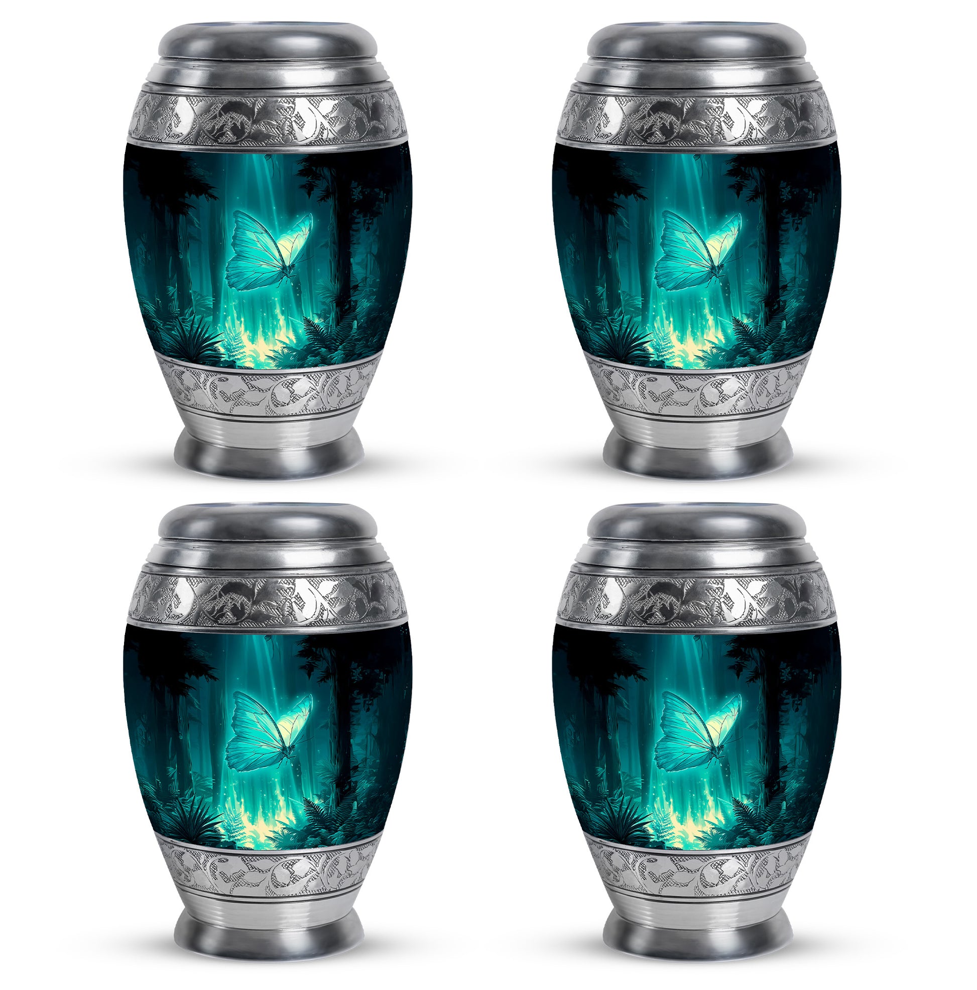 Mystic Teal Butterfly Cremation Urn urn with complimentary velvet bag - majestic butterfly pattern with filigree border - 10 inch aluminum urn for cremated remains