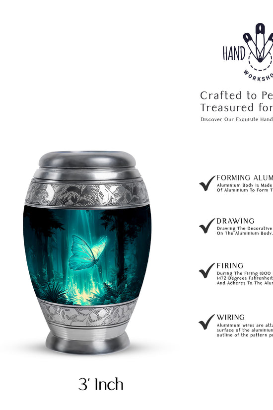 Mystic Teal Butterfly Cremation Urn lifestyle display on memorial shelf - majestic butterfly pattern with filigree border - mini keepsake memorial for portion of cremation ashes