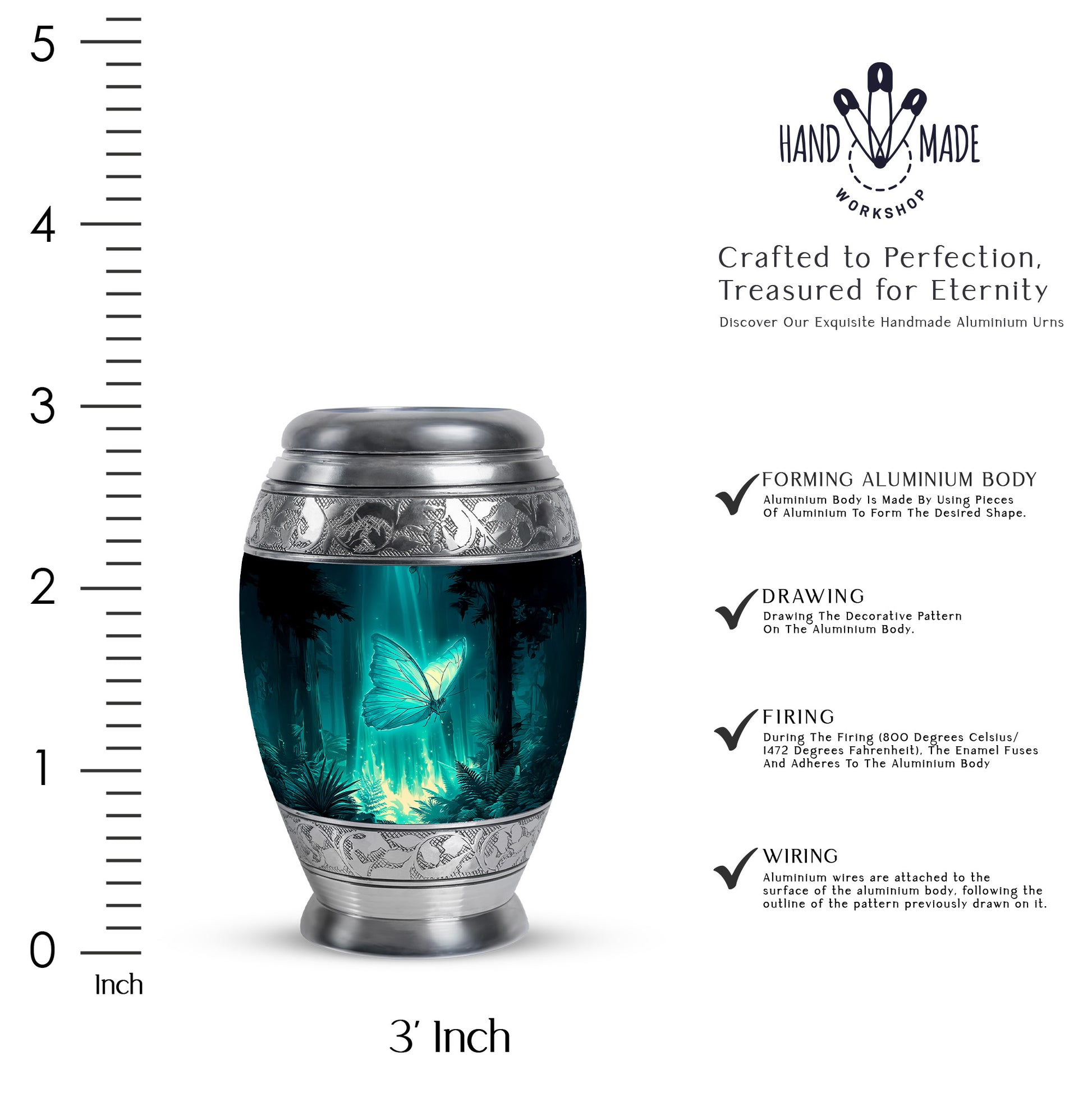 Mystic Teal Butterfly Cremation Urn lifestyle display on memorial shelf - majestic butterfly pattern with filigree border - mini keepsake memorial for portion of cremation ashes