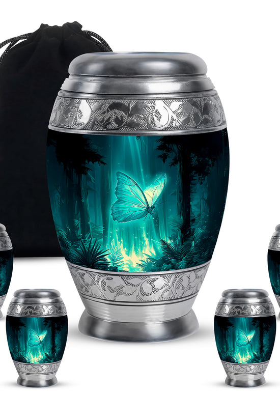Vivid Teal Butterfly Cremation Urn detail view - majestic butterfly pattern with filigree border - memorial set with one large and four small urns