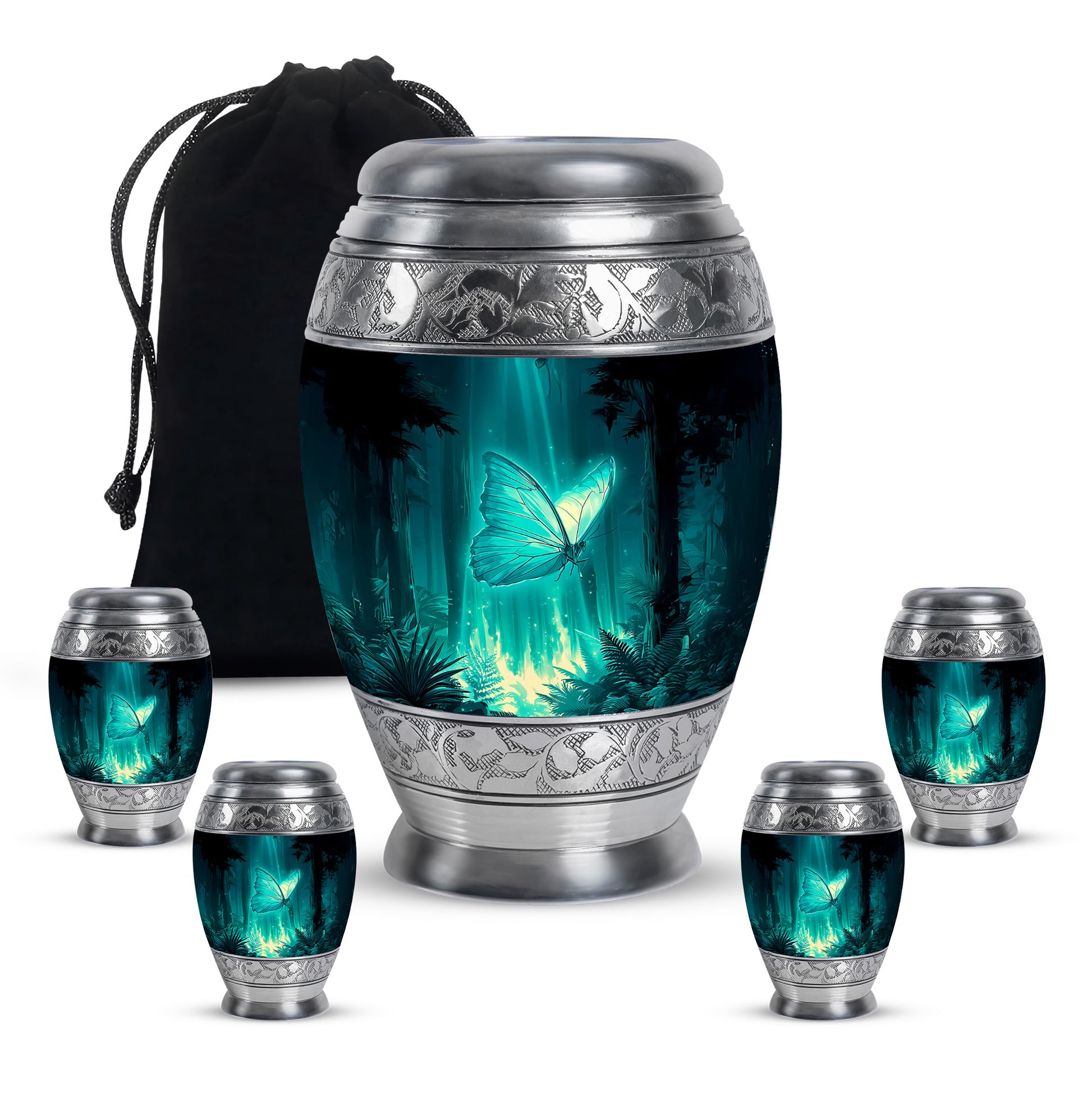 Vivid Teal Butterfly Cremation Urn detail view - majestic butterfly pattern with filigree border - memorial set with one large and four small urns