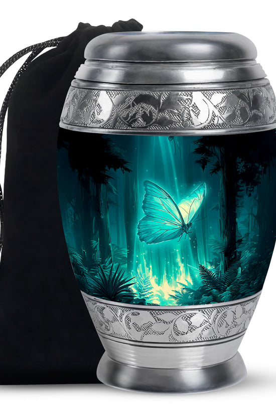Deep Teal Butterfly Cremation Urn back view with polished surface - majestic butterfly pattern with filigree border - full-size 10 inch 200 cubic inch adult cremation urn