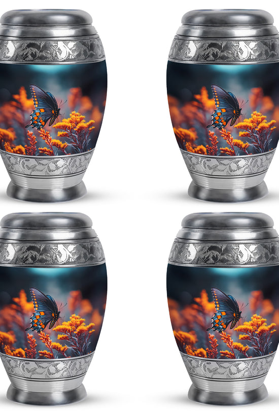Soft Blue Butterfly Cremation Urn urn with complimentary velvet bag - majestic butterfly pattern with filigree border - 10 inch aluminum urn for cremated remains