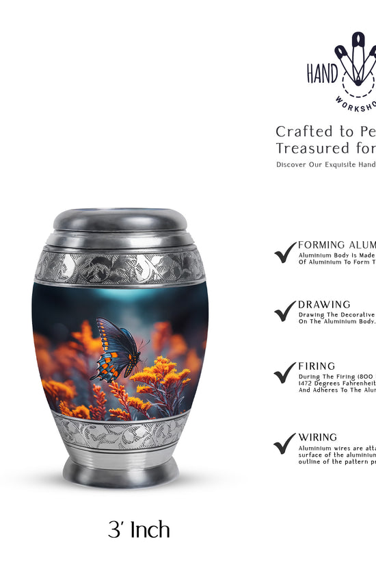 Powder Blue Butterfly Cremation Urn lifestyle display on memorial shelf - regal butterfly design with crown-inspired accents - mini keepsake memorial for portion of cremation ashes