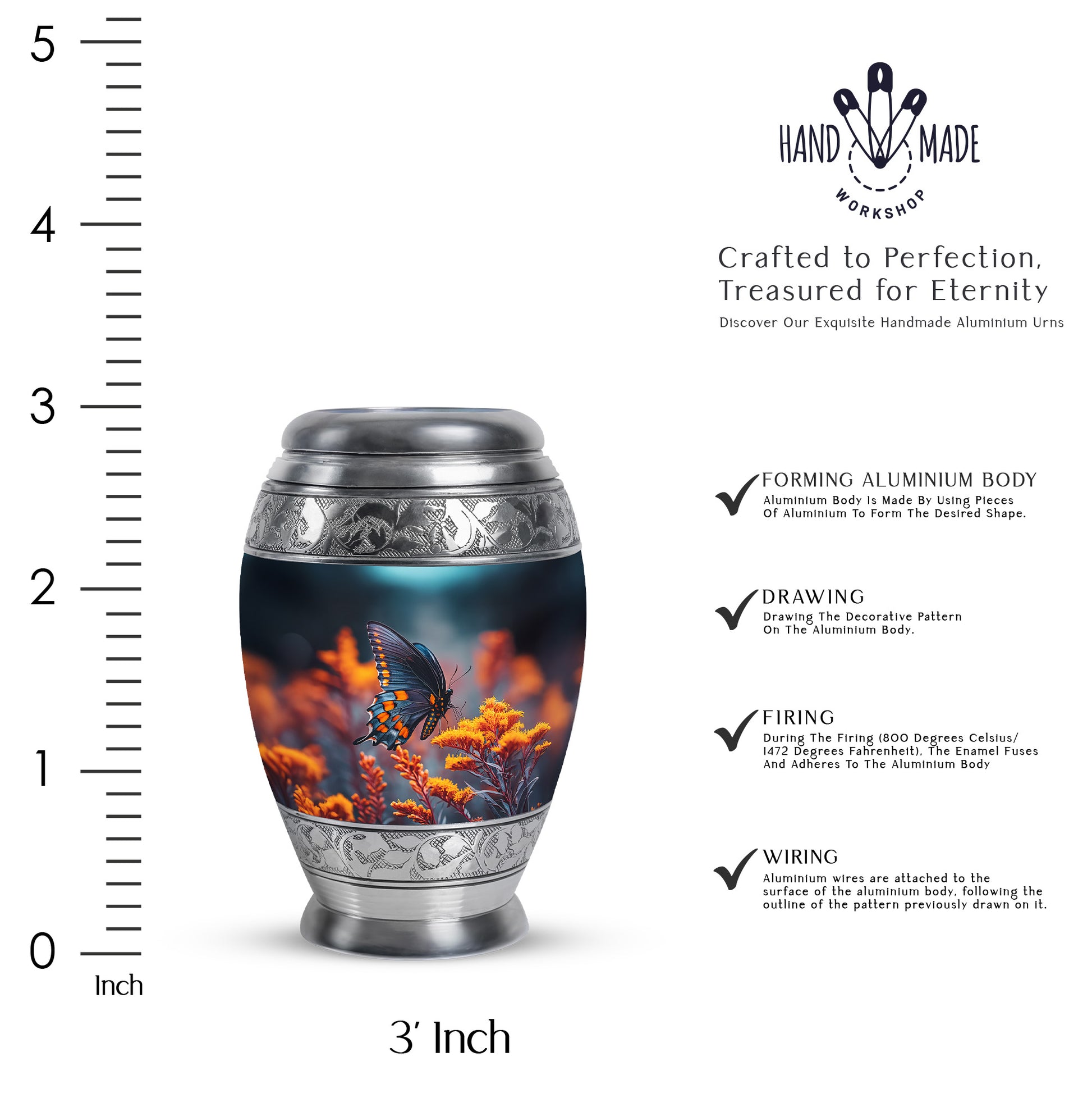 Powder Blue Butterfly Cremation Urn lifestyle display on memorial shelf - regal butterfly design with crown-inspired accents - mini keepsake memorial for portion of cremation ashes