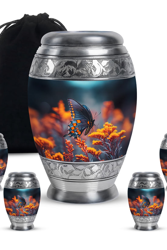Soft Blue Butterfly Cremation Urn detail view - majestic butterfly pattern with filigree border - memorial set with one large and four small urns