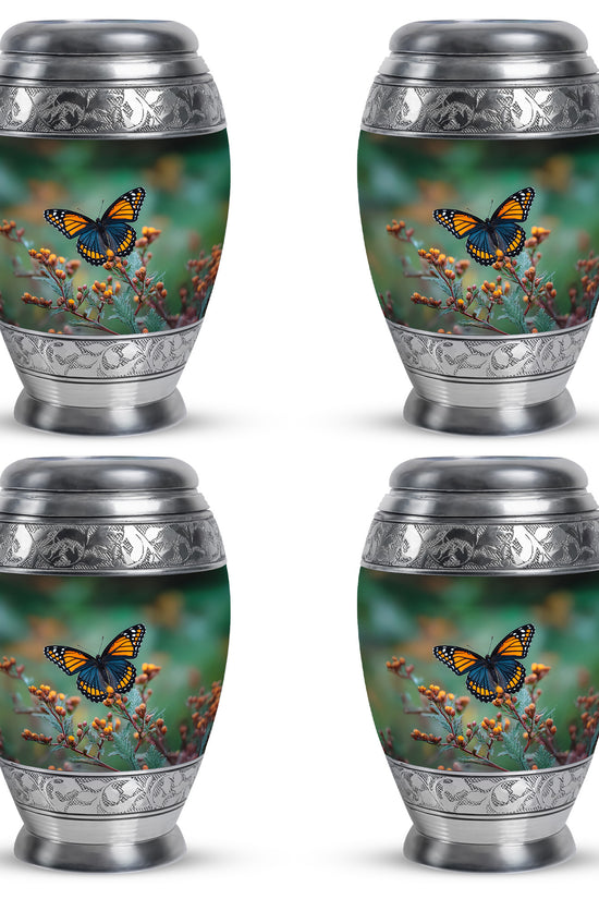 Jade Green Butterfly Cremation Urn urn with complimentary velvet bag - ornate monarch-style butterfly relief on brushed aluminum - 10 inch aluminum urn for cremated remains