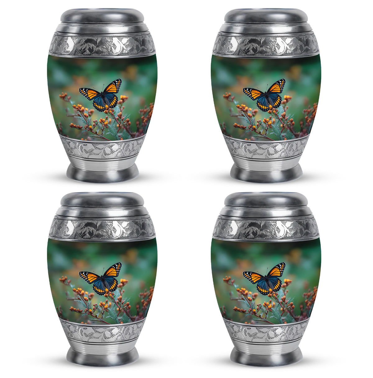 Jade Green Butterfly Cremation Urn urn with complimentary velvet bag - ornate monarch-style butterfly relief on brushed aluminum - 10 inch aluminum urn for cremated remains