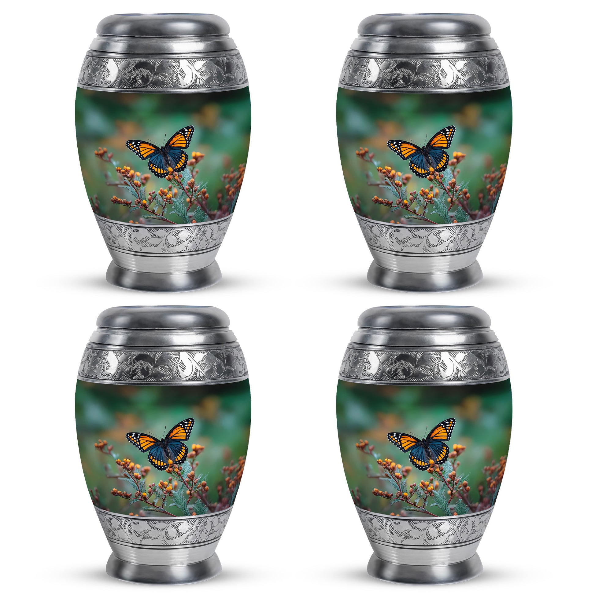 Jade Green Butterfly Cremation Urn urn with complimentary velvet bag - ornate monarch-style butterfly relief on brushed aluminum - 10 inch aluminum urn for cremated remains