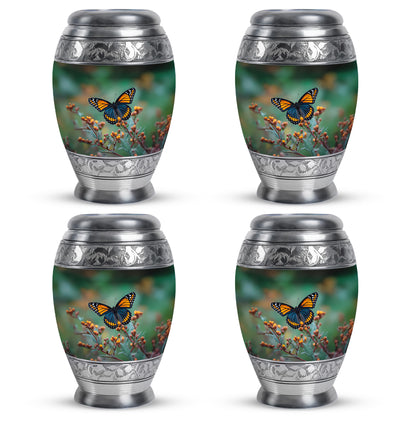 Jade Green Butterfly Cremation Urn urn with complimentary velvet bag - ornate monarch-style butterfly relief on brushed aluminum - 10 inch aluminum urn for cremated remains