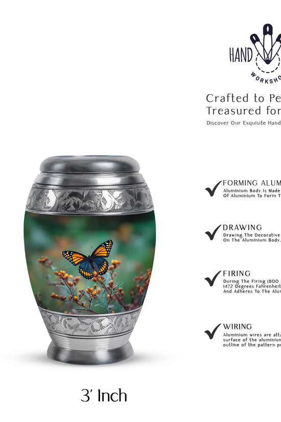 Emerald Green Butterfly Cremation Urn lifestyle display on memorial shelf - regal butterfly design with crown-inspired accents - mini keepsake memorial for portion of cremation ashes