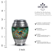 Emerald Green Butterfly Cremation Urn lifestyle display on memorial shelf - regal butterfly design with crown-inspired accents - mini keepsake memorial for portion of cremation ashes