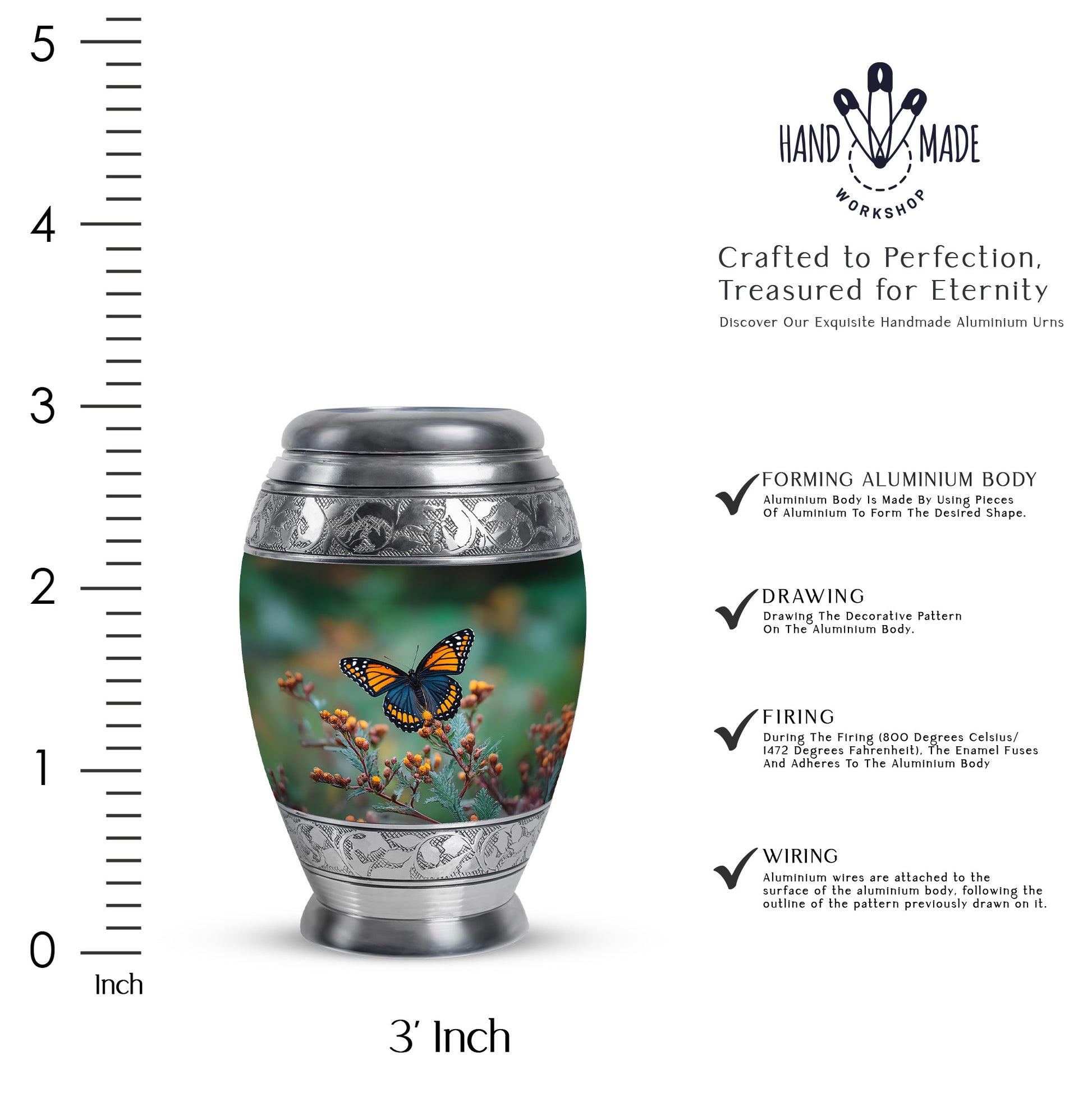 Emerald Green Butterfly Cremation Urn lifestyle display on memorial shelf - regal butterfly design with crown-inspired accents - mini keepsake memorial for portion of cremation ashes