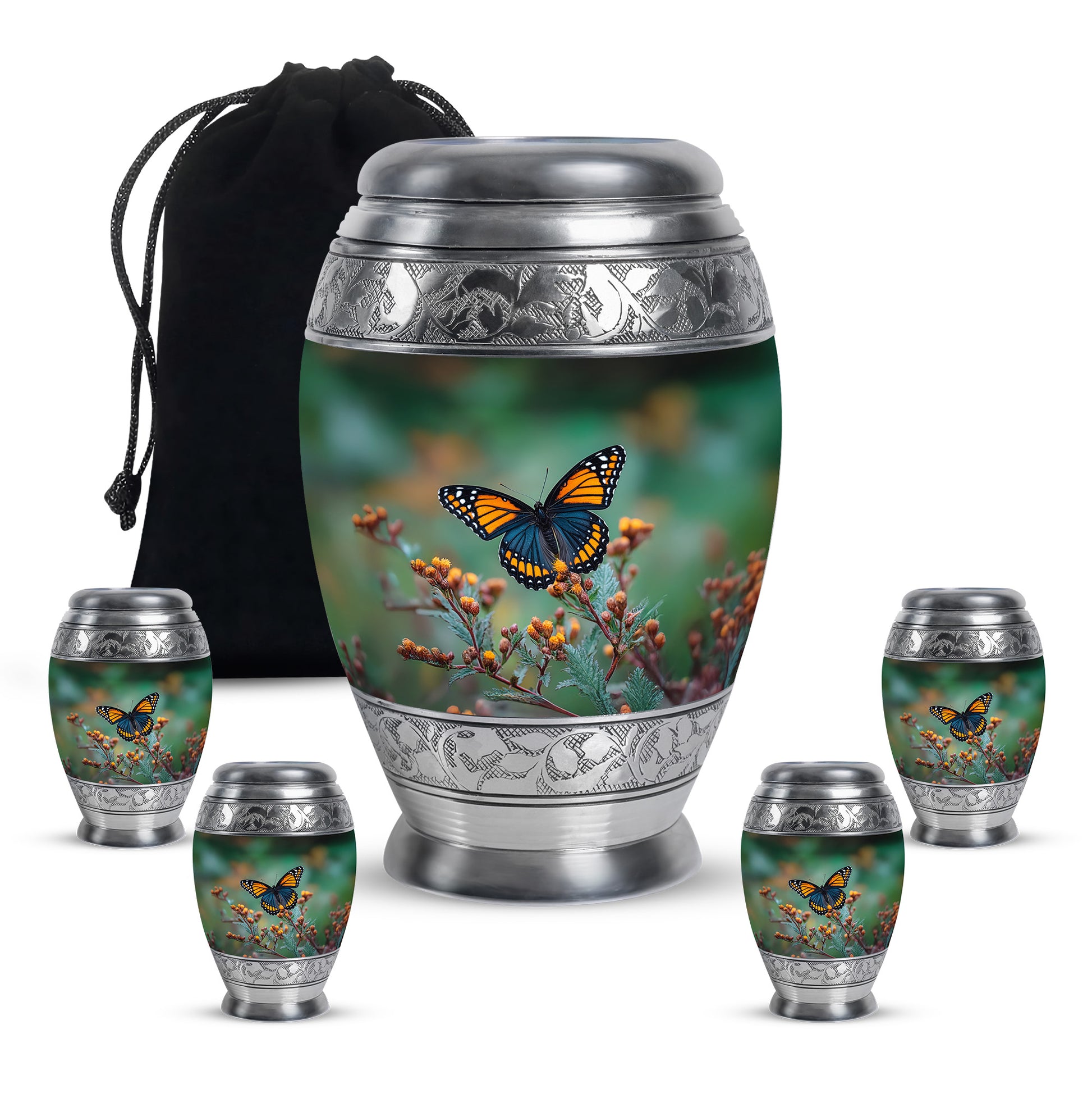 Mint Green Butterfly Cremation Urn detail view - majestic butterfly pattern with filigree border - memorial set with one large and four small urns