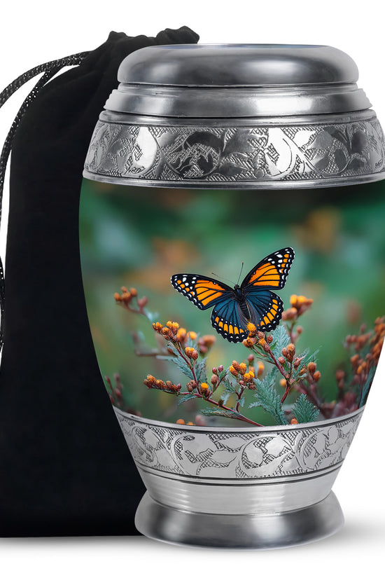 Sage Green Butterfly Cremation Urn back view with polished surface - regal butterfly design with crown-inspired accents - full-size 10 inch 200 cubic inch adult cremation urn