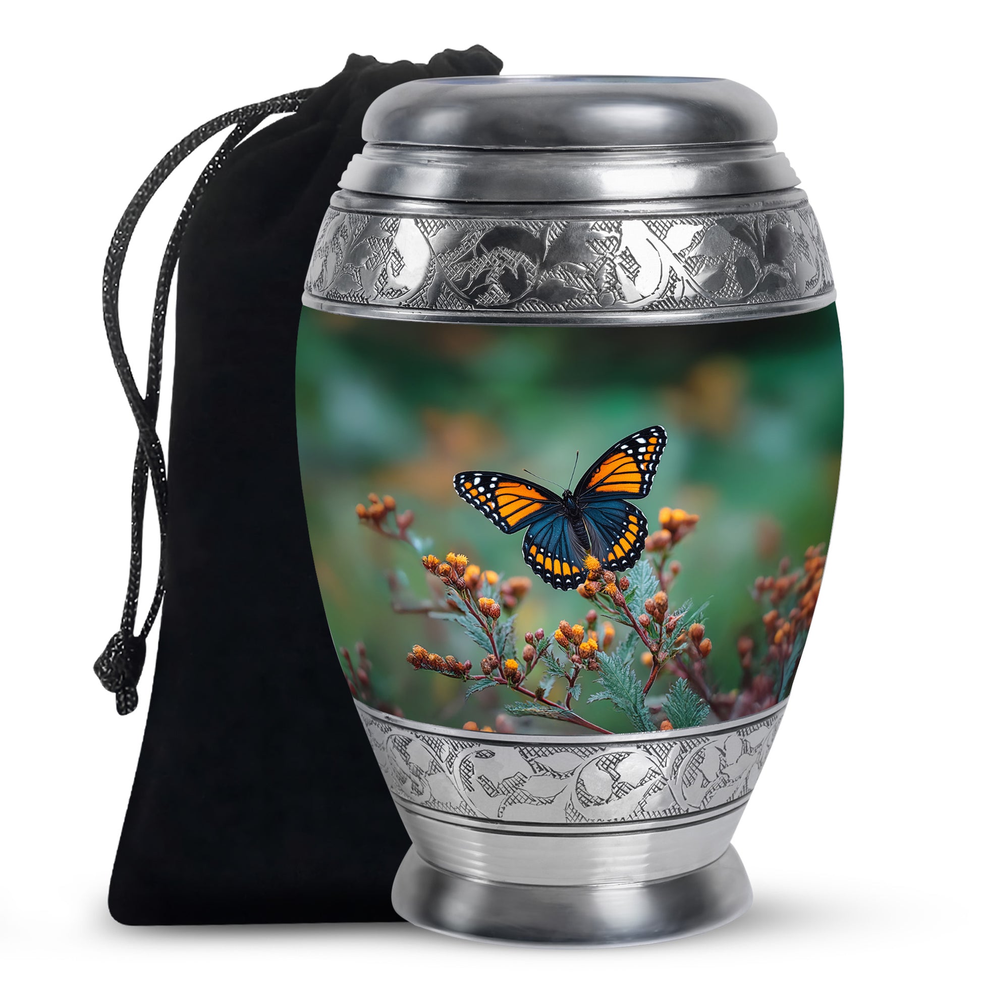 Sage Green Butterfly Cremation Urn back view with polished surface - regal butterfly design with crown-inspired accents - full-size 10 inch 200 cubic inch adult cremation urn
