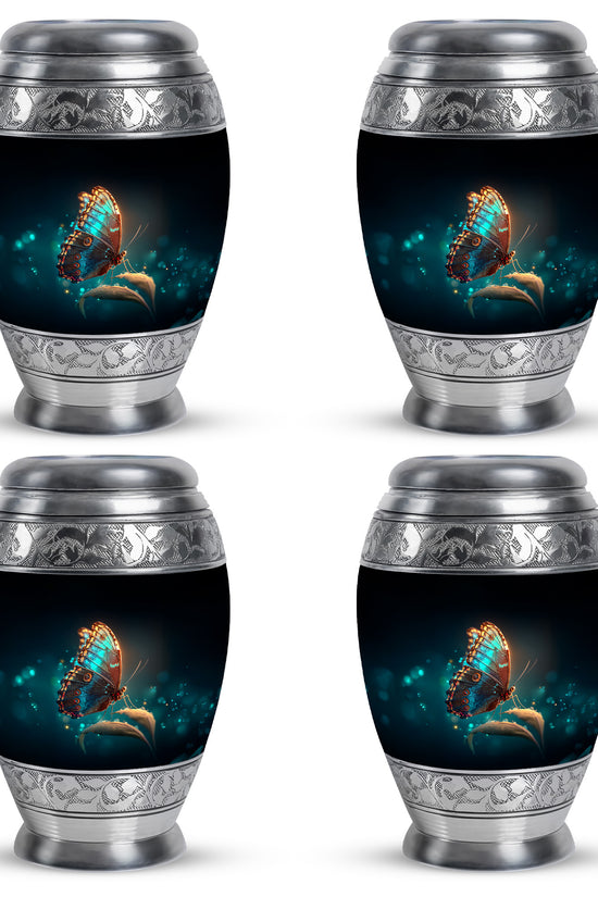 Charcoal Black Butterfly Cremation Urn urn with complimentary velvet bag - royal butterfly engraving with decorative scrollwork - 10 inch aluminum urn for cremated remains