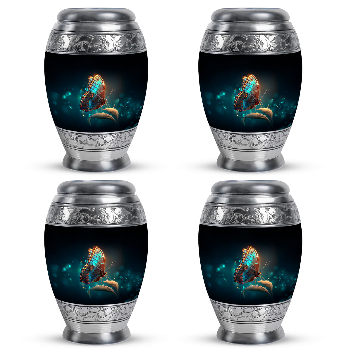 Charcoal Black Butterfly Cremation Urn urn with complimentary velvet bag - royal butterfly engraving with decorative scrollwork - 10 inch aluminum urn for cremated remains