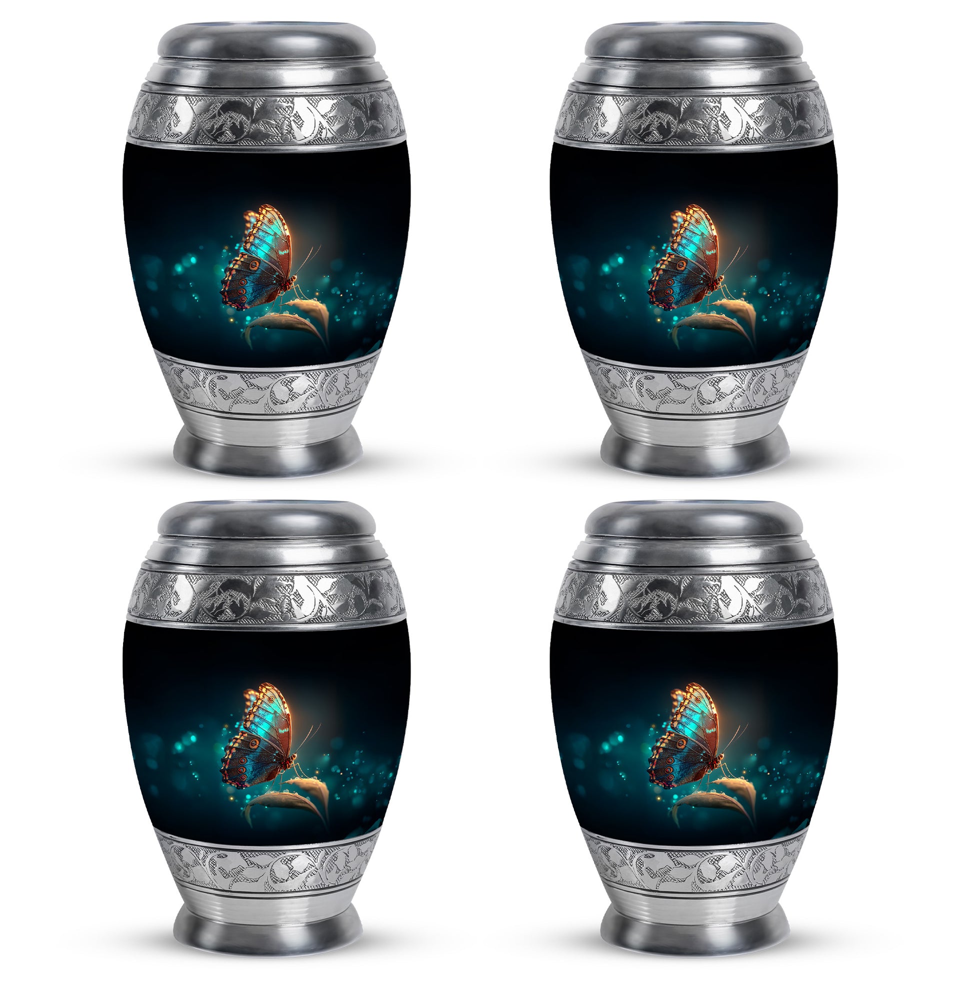 Charcoal Black Butterfly Cremation Urn urn with complimentary velvet bag - royal butterfly engraving with decorative scrollwork - 10 inch aluminum urn for cremated remains