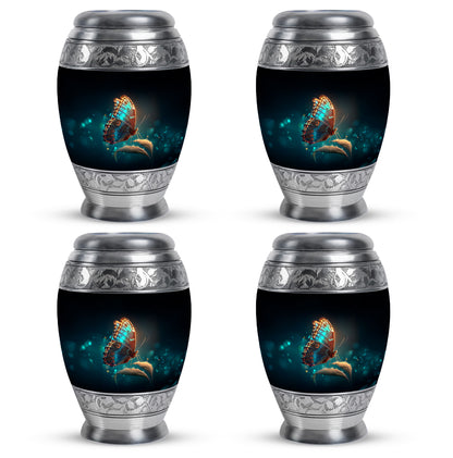 Charcoal Black Butterfly Cremation Urn urn with complimentary velvet bag - royal butterfly engraving with decorative scrollwork - 10 inch aluminum urn for cremated remains
