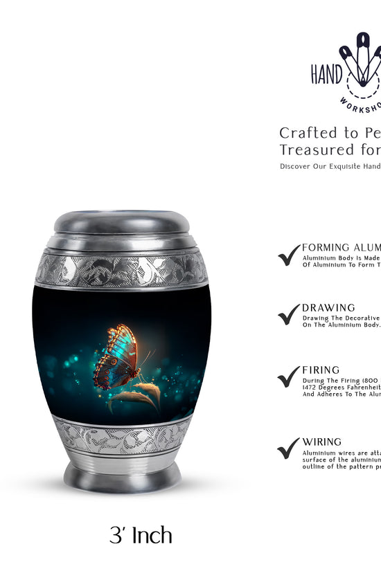 Rich Black Butterfly Cremation Urn lifestyle display on memorial shelf - regal butterfly design with crown-inspired accents - mini keepsake memorial for portion of cremation ashes